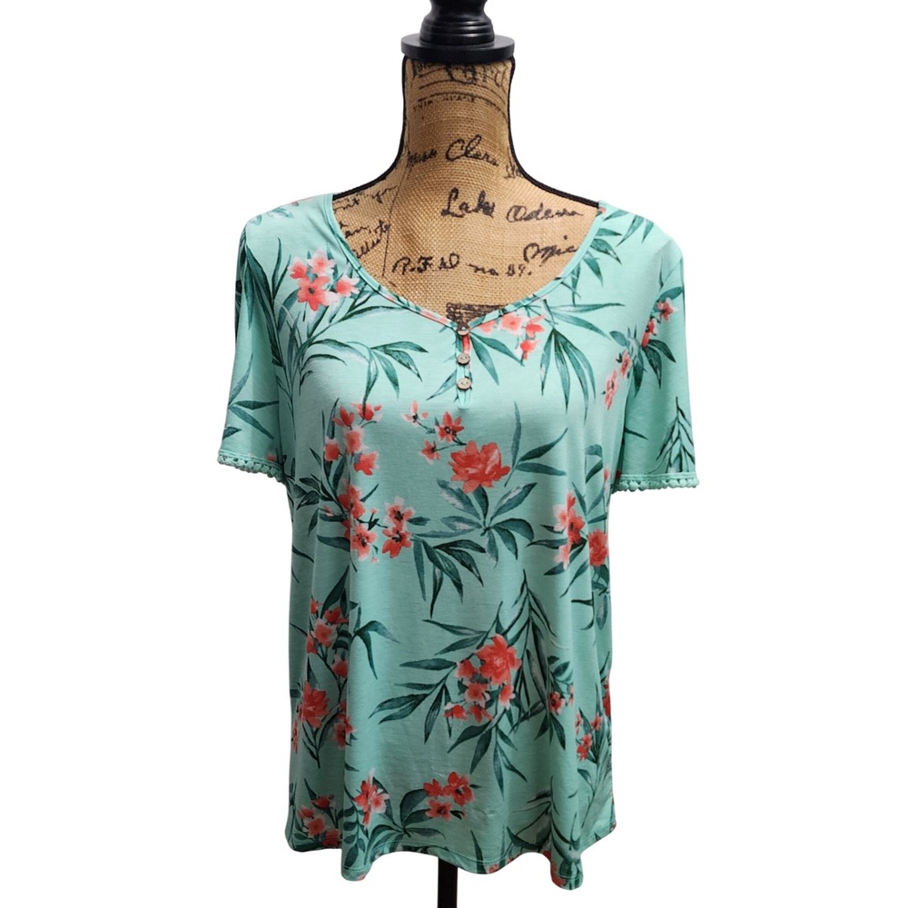 Floral Print Top Short Sleeve Casual Button Up Womens Shirt Large
